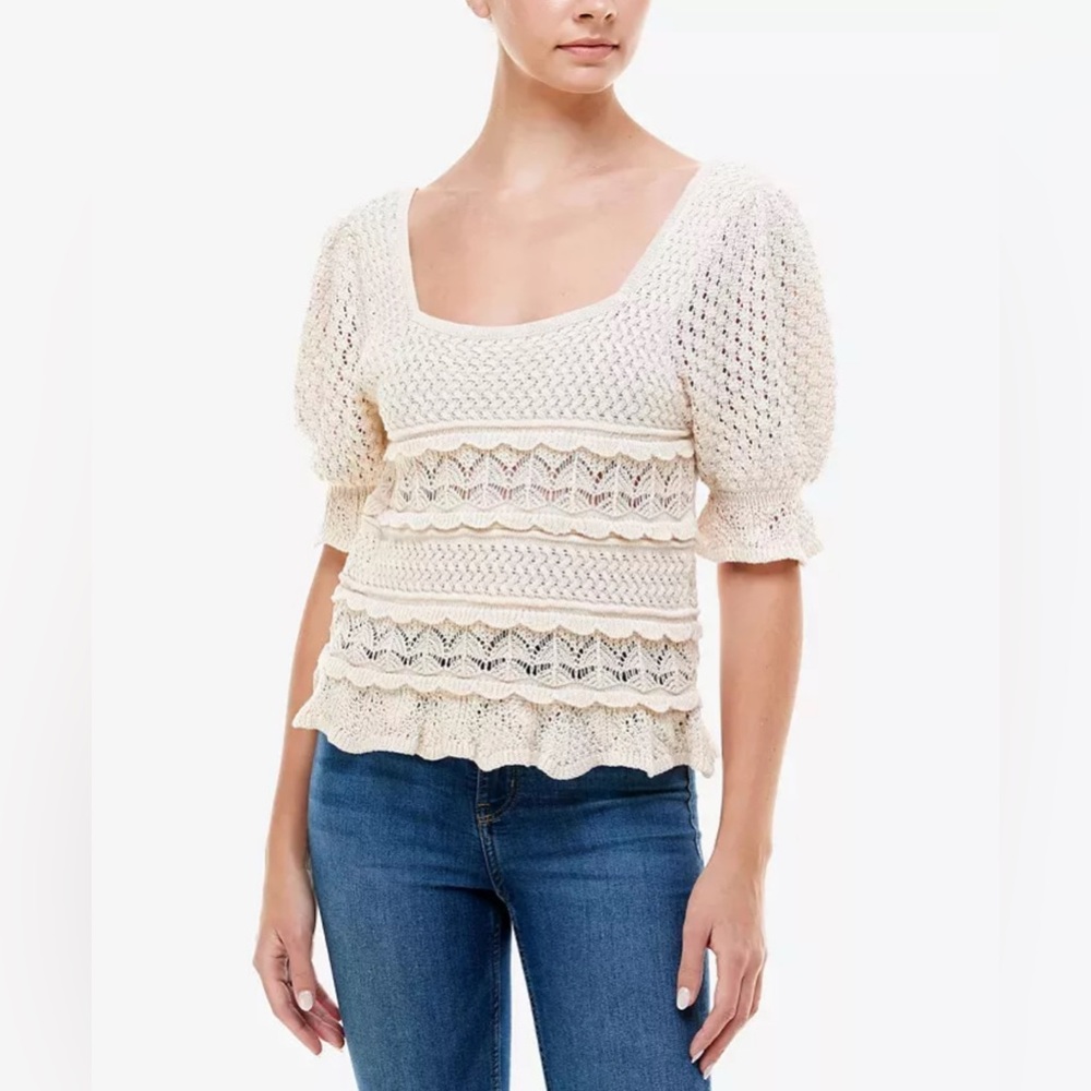 Q & A Boho Crocheted Short-Sleeve Sweater Top Size Small
